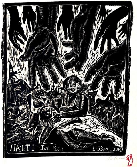 "Haiti" woodcutting by Sue Coe